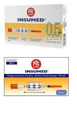SIRINGA PER INSULINA PIC INSUMED 0,5 ML 100 UI AGO GAUGE 30 LUNGHEZZA 8 MM SENZA SPAZIO MORTO 3 SACCHETTI DA 10 PEZZI - FARMAPRIME