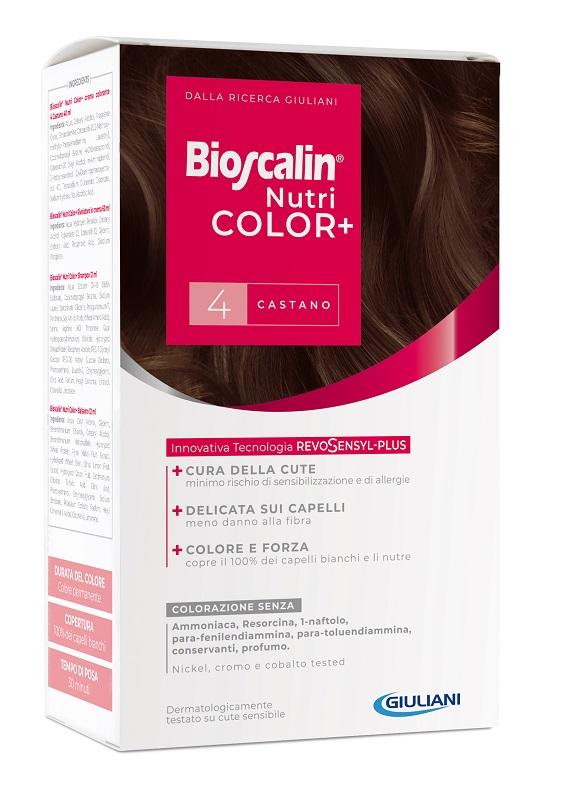BIOSCALIN NUTRICOLOR PLUS 4 CASTANO CREMA COLORANTE 40 ML + RIVELATORE CREMA 60 ML + SHAMPOO 12 ML + TRATTAMENTO FINALE BALSAMO 12 ML - FARMAPRIME