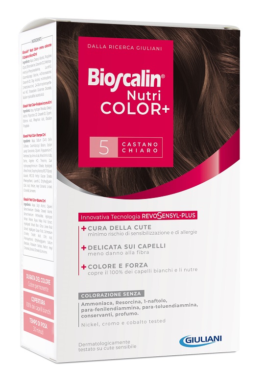 BIOSCALIN NUTRICOLOR PLUS 5 CASTANO CHIARO CREMA COLORANTE 40 ML + RIVELATORE CREMA 60 ML + SHAMPOO 12 ML + TRATTAMENTO FINALE BALSAMO 12 ML - FARMAPRIME