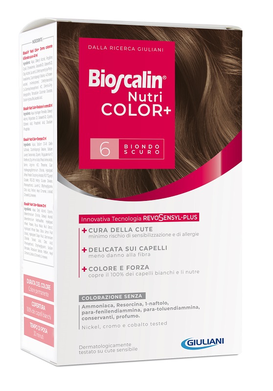 BIOSCALIN NUTRICOLOR PLUS 6 BIONDO SCURO CREMA COLORANTE 40 ML + RIVELATORE CREMA 60 ML + SHAMPOO 12 ML + TRATTAMENTO FINALE BALSAMO 12 ML - FARMAPRIME