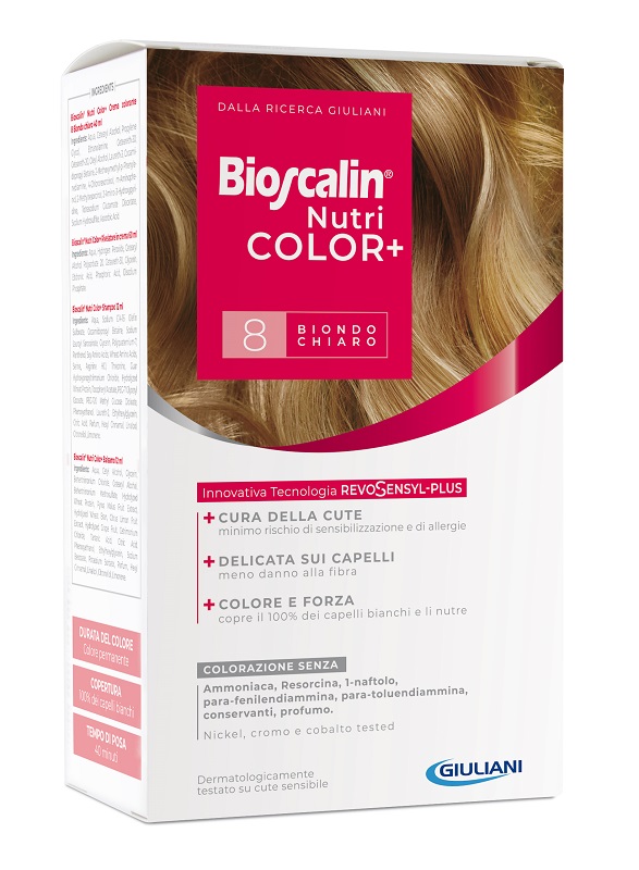 BIOSCALIN NUTRICOLOR PLUS 8 BIONDO CHIARO CREMA COLORANTE 40 ML + RIVELATORE CREMA 60 ML + SHAMPOO 12 ML + TRATTAMENTO FINALE BALSAMO 12 ML - FARMAPRIME