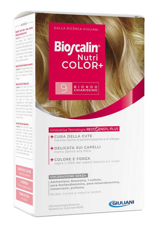 BIOSCALIN NUTRICOLOR PLUS 9 BIONDO CHIARISSIMO CREMA COLORANTE 40 ML + RIVELATORE CREMA 60 ML + SHAMPOO 12 ML + TRATTAMENTO FINALE BALSAMO 12 ML - FARMAPRIME