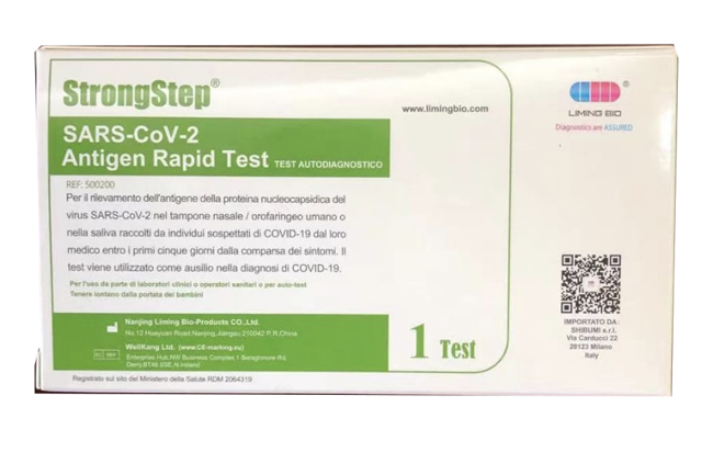 TEST ANTIGENICO RAPIDO COVID-19 STRONGSTEP AUTODIAGNOSTICO DETERMINAZIONE QUALITATIVA ANTIGENI SARS-COV-2 IN TAMPONI NASALI/OROFARINGEI/SALIVA MEDIANTE IMMUNOCROMATOGRAFIA - FARMAPRIME