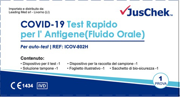 TEST ANTIGENICO RAPIDO COVID-19 JUSCHEK AUTODIAGNOSTICO DETERMINAZIONE QUALITATIVA ANTIGENI SARS-COV-2 IN CAMPIONI SALIVARI MEDIANTE IMMUNOCROMATOGRAFIA - FARMAPRIME