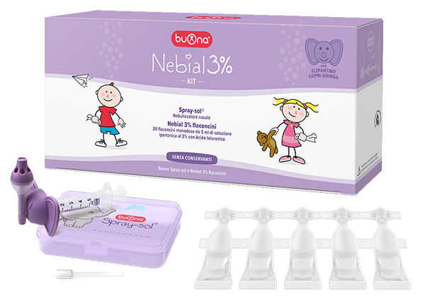 NEBIAL 3% KIT 20 FLACONCINI MONODOSE 5ML SOLUZIONE IPERTONICA CON ACIDO IALURONICO + NEBULIZZATORE SPRAY-SOL - FARMAPRIME